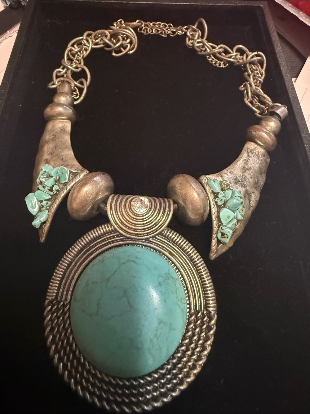 Statement Turquoise Pendant Necklace - Silver Tone Chunky Chain